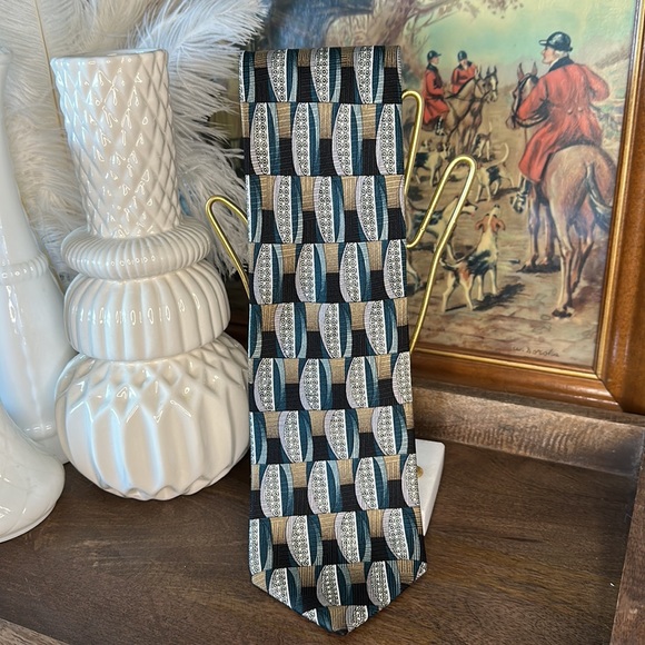 Vintage Handmade John Clarendon 100% Italian Silk tie Turquoise Blk Silver Tan - Picture 2 of 5